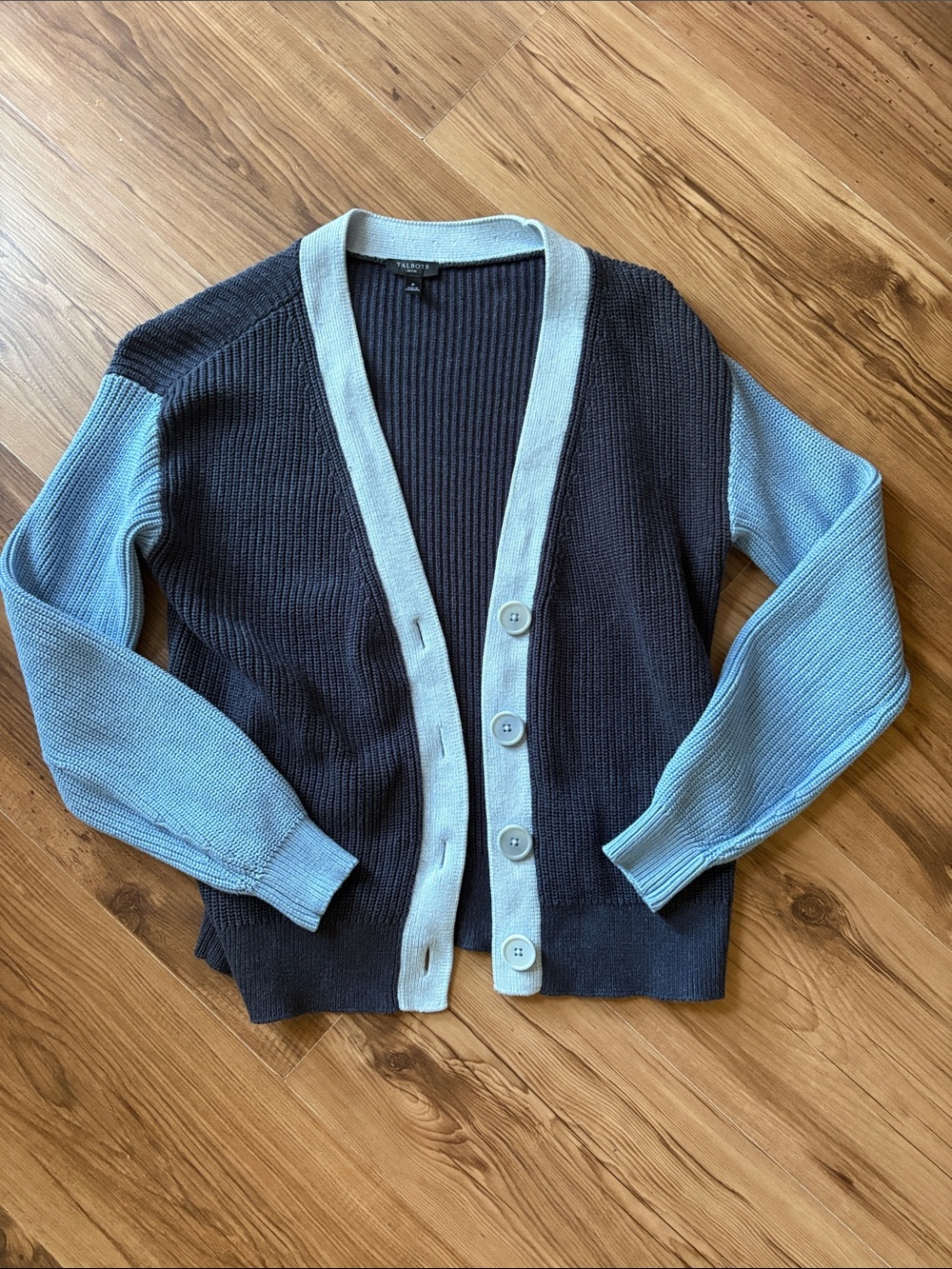 Talbots cotton Two-Tone Navy and Light Blue V-Neck Button Cardigan